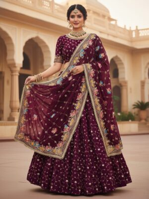 Latest lehenga choli set collection, party wear lehenga blouse aur Odhani, wine colour ka beautiful lehenga set,